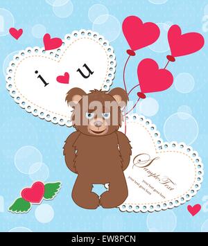 Vintage Valentine card with ornate elegant retro abstract design, cute brown teddy bear with red heart balloons on light blue background with bubbles and heart text label. Vector illustration. Stock Vector