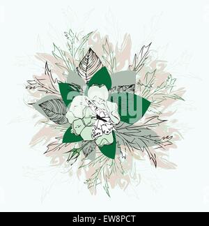 Vintage flower element with ornate elegant retro abstract sketched floral design, gray green and light green flowers and leaves with butterfly on faded green background. Vector illustration. Stock Vector