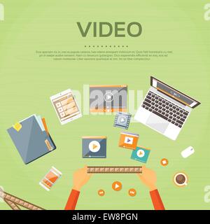 Video Editor Workplace Hands Laptop Player Flat Stock Vector