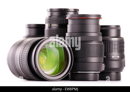 Composition with photo zoom lenses isolated on white background Stock Photo