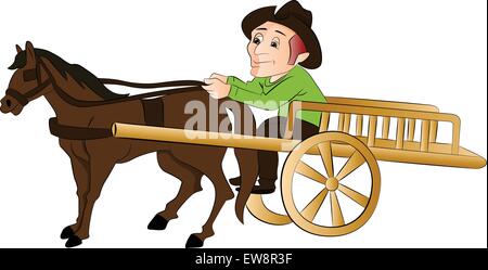 Vector illustration of a man riding a horse drawn cart. Stock Vector