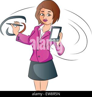 Vector illustration of a businesswoman with a smartphone and pen isolated on white background. Stock Vector