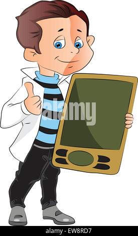 Vector illustration of teenage boy showing his new cellphone and giving thumbs up gesture. Stock Vector