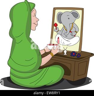 Vector illustration of Indian woman worshipping lord Ganesha. Stock Vector
