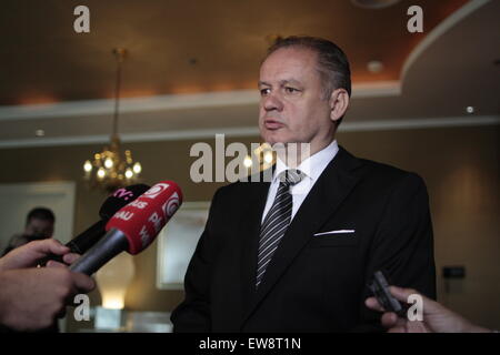 Bratislava, Slovakia. 20th June, 2015. Slovak President Andrej Kiska answers questions for media in Bratislava, Slovakia, on June 20, 2015. Extremism and nationalism could destroy unity in the EU, said Slovak President Andrej Kiska during his speech at the security coference GLOBSEC here on Saturday. Credit:  Erik Adamson/GLOBSEC 2015/Xinhua/Alamy Live News