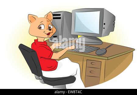 Cat Using a Computer, vector illustration Stock Vector