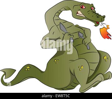 Fire-breathing Dragon with Spoon and Knife, vector illustration Stock Vector