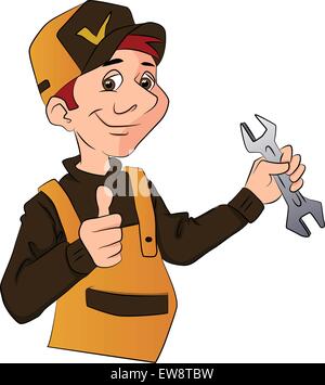 Vector illustration of a handyman in overalls, holding a wrench and giving thumbs up. Stock Vector