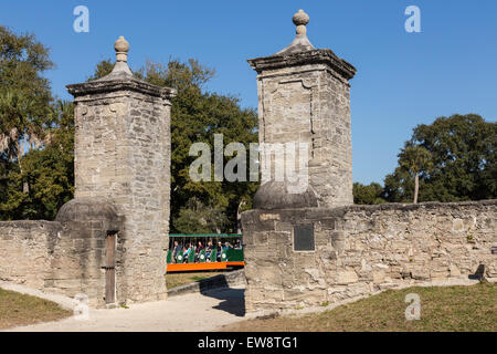City Gates, with Tourist Trolley, Old Town, St Augustine, FL, USA Stock Photo