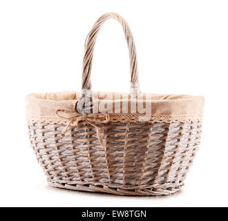 Empty wicker basket isolated on white background. Stock Photo