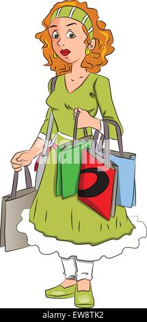 Vector illustration of unhappy woman over-burdened with shopping bags. Stock Vector