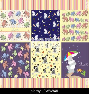Set of six (6) childrens party invitation cards with cute abstract designs, elephants and rabbits. Vector illustration. Stock Vector