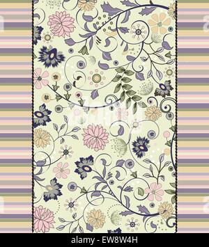 Vintage background with ornate elegant retro abstract floral design, purple pink and peach flowers on green and stripes. Vector illustration. Stock Vector