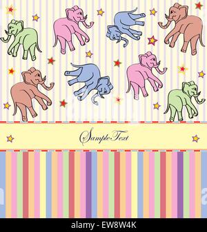 Vintage invitation card with cute abstract elephants and stars design, on stripes. Vector illustration. Stock Vector