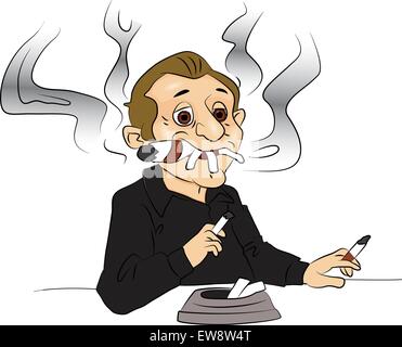 Vector illustration of man smoking cigarettes and citar, ash tray in foreground. Stock Vector