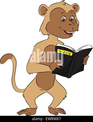 Vector illustration of a clever monkey reading science book. Stock Vector