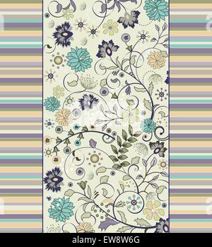 Vintage background with ornate elegant retro abstract floral design, multi-colored flowers on green with stripes. Vector illustration. Stock Vector