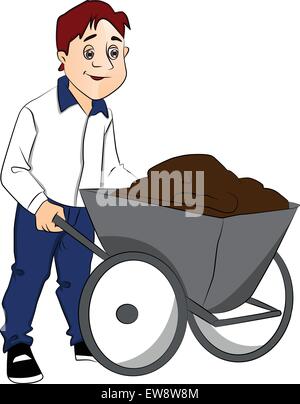 Vector illustration of man pushing cement in wheelbarrow. Stock Vector