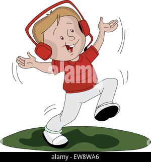 Vector illustration of happy boy dancing and listening to music on headphones. Stock Vector