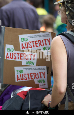 Aberystwyth, Ceredigion, West Wales UK, 20th June, 2015. Protesters take to the streets bringing the High St to a stand still. They are protesting against the continued government cuts of benefits. © Trebuchet Photography / Alamy News Live Stock Photo