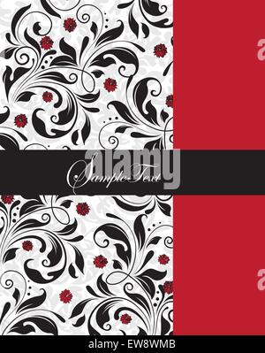 Vintage invitation card with ornate elegant abstract floral design, red and black flowers on gray with red column. Vector illustration. Stock Vector