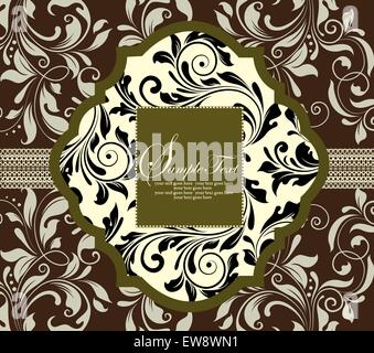 Vintage invitation card with ornate elegant abstract floral design, olive green and black on brown with ribbon. Vector illustration. Stock Vector