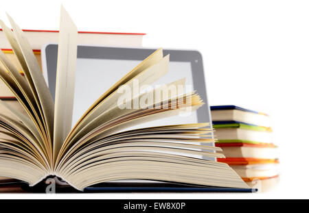 Composition with books and tablet computer isolated on white background Stock Photo