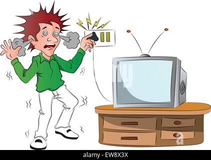 Vector of boy receiving an electric shock while touching television switch after short circuit. Stock Vector