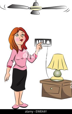 Vector illustration of woman turning on electric fan. Stock Vector