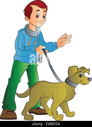 Young Man Walking a Dog, vector illustration Stock Vector