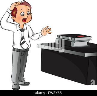 Vector of worried businessman scratching head while looking at files on office desk. Stock Vector