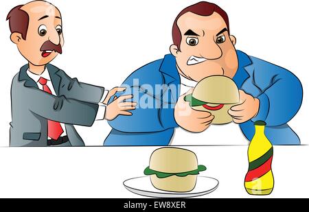 Vector illustration of a man stopping a fat friend from eating unhealthy hamburger. Stock Vector