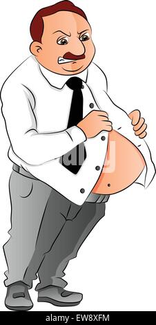 Vector illustration of sad man unable to button his shirt on his fat belly. Stock Vector