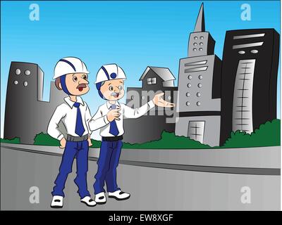 Vector illustration of a building contractor pointing something out on site to his partner. Stock Vector