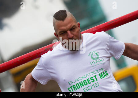 St Johns Square, Blackpool, Lancashire. 20th June, 2015.  Thomas Racz a weightlifter competitor at the Charity Strongman event which is hosted by Blackpool BID. Blackpool's Strongest Man Competition kicked off National Armed Forces Week in style with Ex Forces Personnel and Civilians alike proving themselves in strong man events to win the male weight lifter coveted, virility, manliness, maleness, vigour, strength, muscularity, ruggedness, toughness, robustness masculinity title. Stock Photo