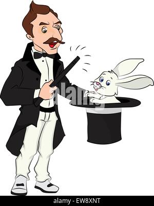 Vector illustration of magician pulling out rabbit from his hat. Stock Vector