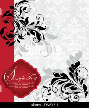 Vintage invitation card with ornate elegant abstract floral design, black on gray with red column. Vector illustration. Stock Vector