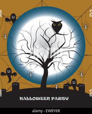 Spooky Halloween Party card with abstract design, dead tree on cemetery with ghosts spiders on a full moon night. Vector illustration. Stock Vector