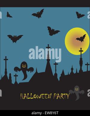 Spooky Halloween Party card with abstract design, cemetery with ghosts and bats on a full moon night. Vector illustration. Stock Vector