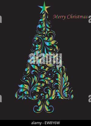 Vintage Christmas card with ornate elegant abstract floral design, shimmering blue and gold christmas tree on black. Vector illustration. Stock Vector