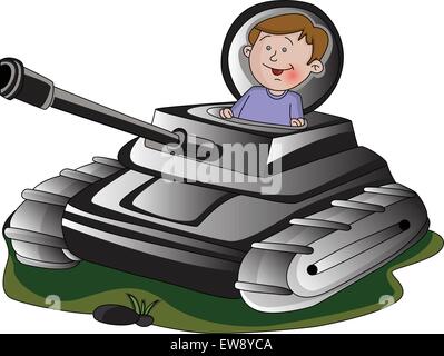 Vector illustration of a boy in army tank. Stock Vector