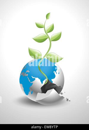 Vector illustration of broken earth with new plant growing out of it. Stock Vector