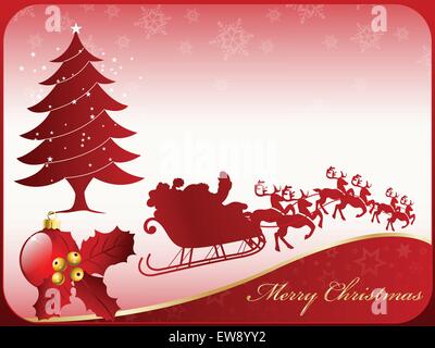 A nice seasonal Merry Christmas card design, with Santa Claus and his reindeer, a Christmas ball with a decorative poinsettia an Stock Vector