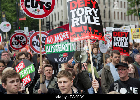 London, UK. Saturday 20th June 2015. People's Assembly against austerity demonstration through Central London. 250,000 people gathered to protest in a march through the capital protesting against the Tory cuts, holding placards and banners. Credit:  Michael Kemp/Alamy Live News Stock Photo