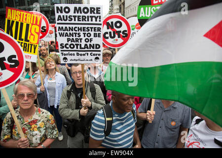 London, UK. Saturday 20th June 2015. People's Assembly against austerity demonstration through Central London. 250,000 people gathered to protest in a march through the capital protesting against the Tory cuts, holding placards and banners. Credit:  Michael Kemp/Alamy Live News Stock Photo