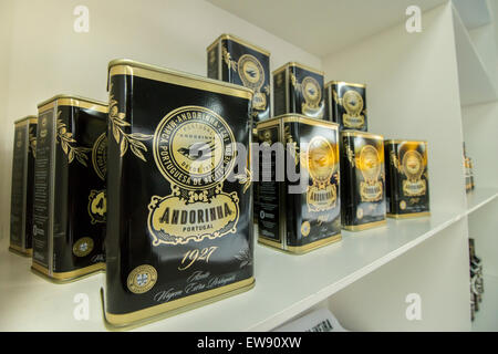 BEJA, PORTUGAL - APRIL, 2015 - Andorinha olive oil product bottles on a shelf. Stock Photo