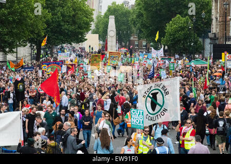 London, UK. 20th June 2015. Thousands of people converge on the streets of London to join the People's Assembly Against Austerity's march from the Bank of England to Parliament Square. With Parliament Square completely packed with humanity, protesters listen to and watch rally speakers relayed to them on a giant screen in Whitehall. © Paul Davey/Alamy Live News  Credit:  Paul Davey/Alamy Live News Stock Photo