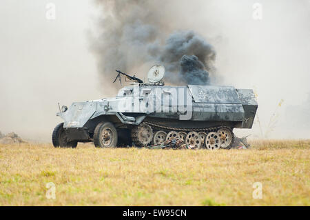 RUSSIA, BORODINO - OCTOBER 12: Unidentified tank in the fire on reenactment of the battle in WWII near the Borodino village in 1941, in Moscow region, Borodino, on 12 October, 2014, Russia Stock Photo