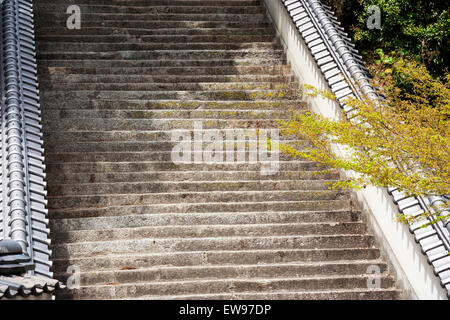 Japan, Onomichi. The Saikokuji temple. Long flight of stone steps up hill to the temple, flanked by white plaster dobei roofed walls. Stock Photo