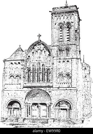 VÃ©zelay Abbey or Abbey of la Madaleine or Basilique Sainte-Marie-Madeleine, vintage engraved illustration. Dictionary of words  Stock Vector